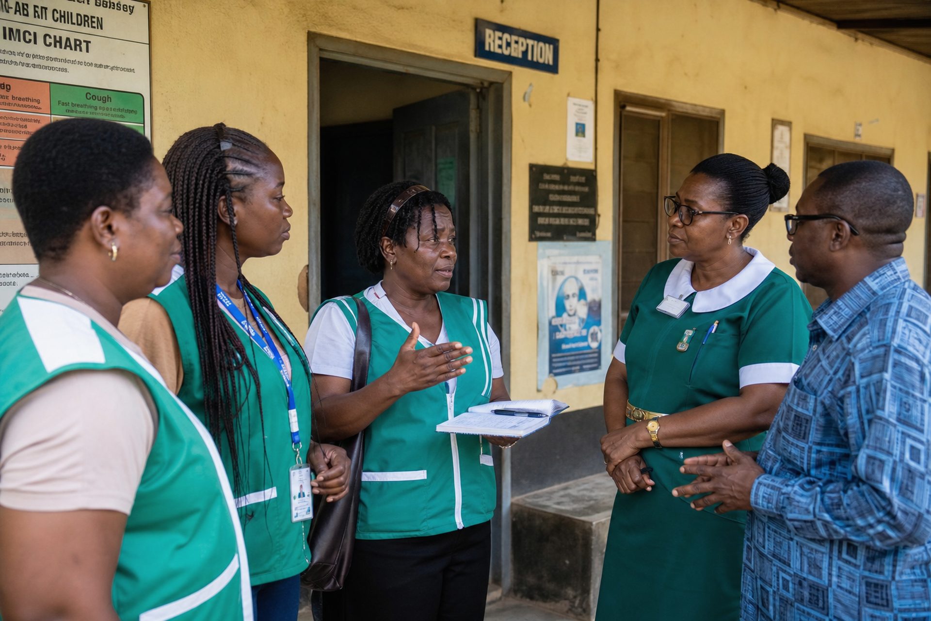 Health workers collaborating at a Ghana clinic