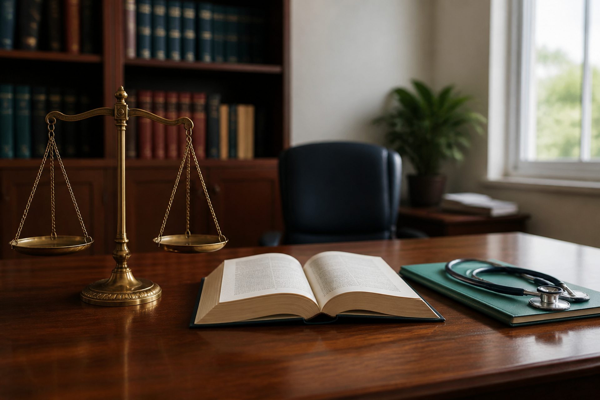 Scales of justice and law books with health materials